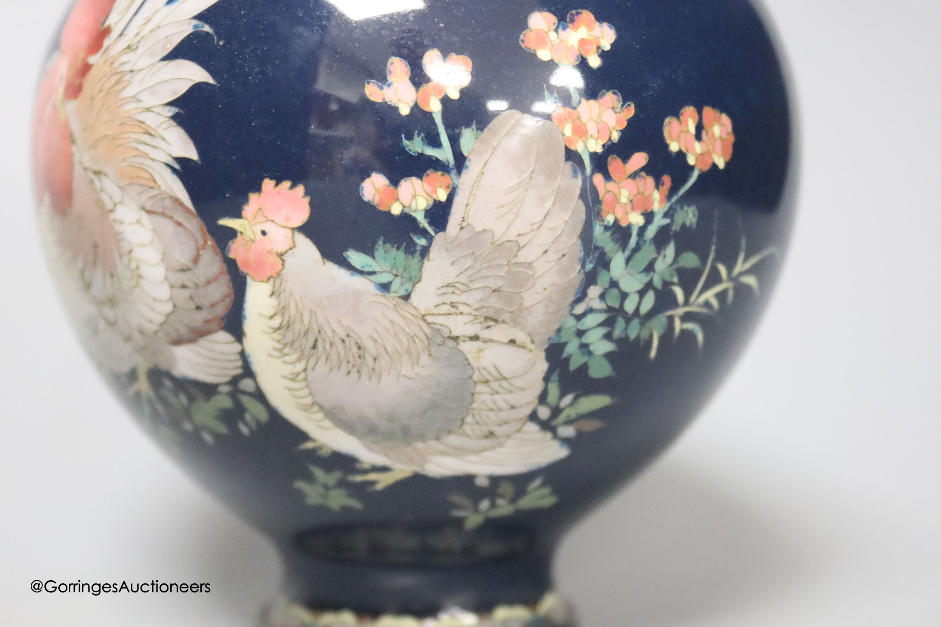 A Japanese cloisonné enamel vase, Meiji period, decorated with a cockerel, height 14cm